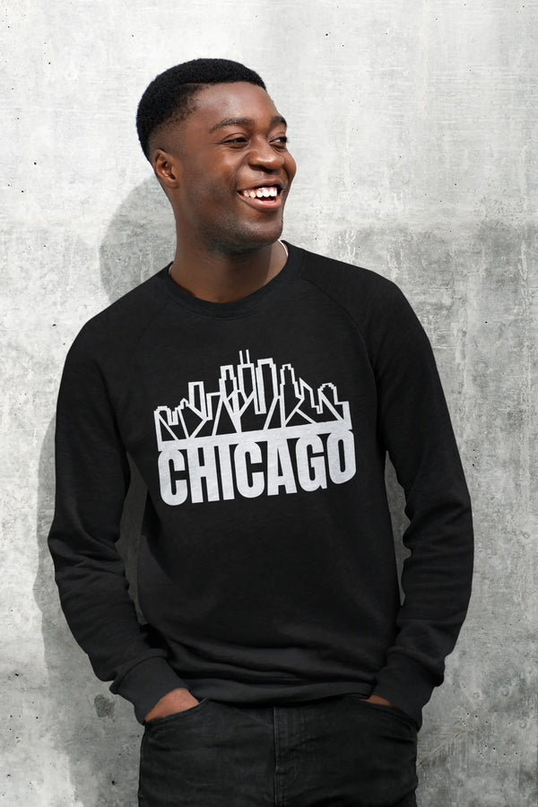 Chicago Skyline Crewneck with "Chicago" Text Black Cat Bazaar