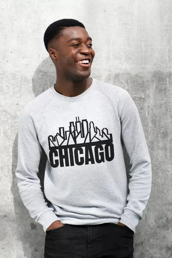 Chicago Skyline Crewneck with "Chicago" Text Black Cat Bazaar