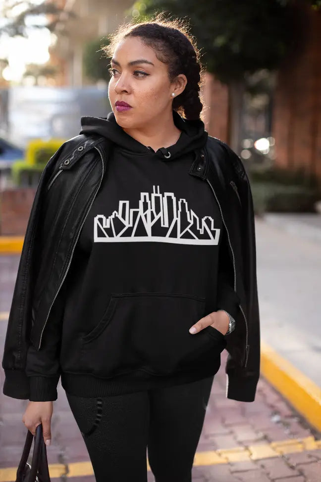 Chicago Skyline Hoodie with White Outline Black Cat Bazaar