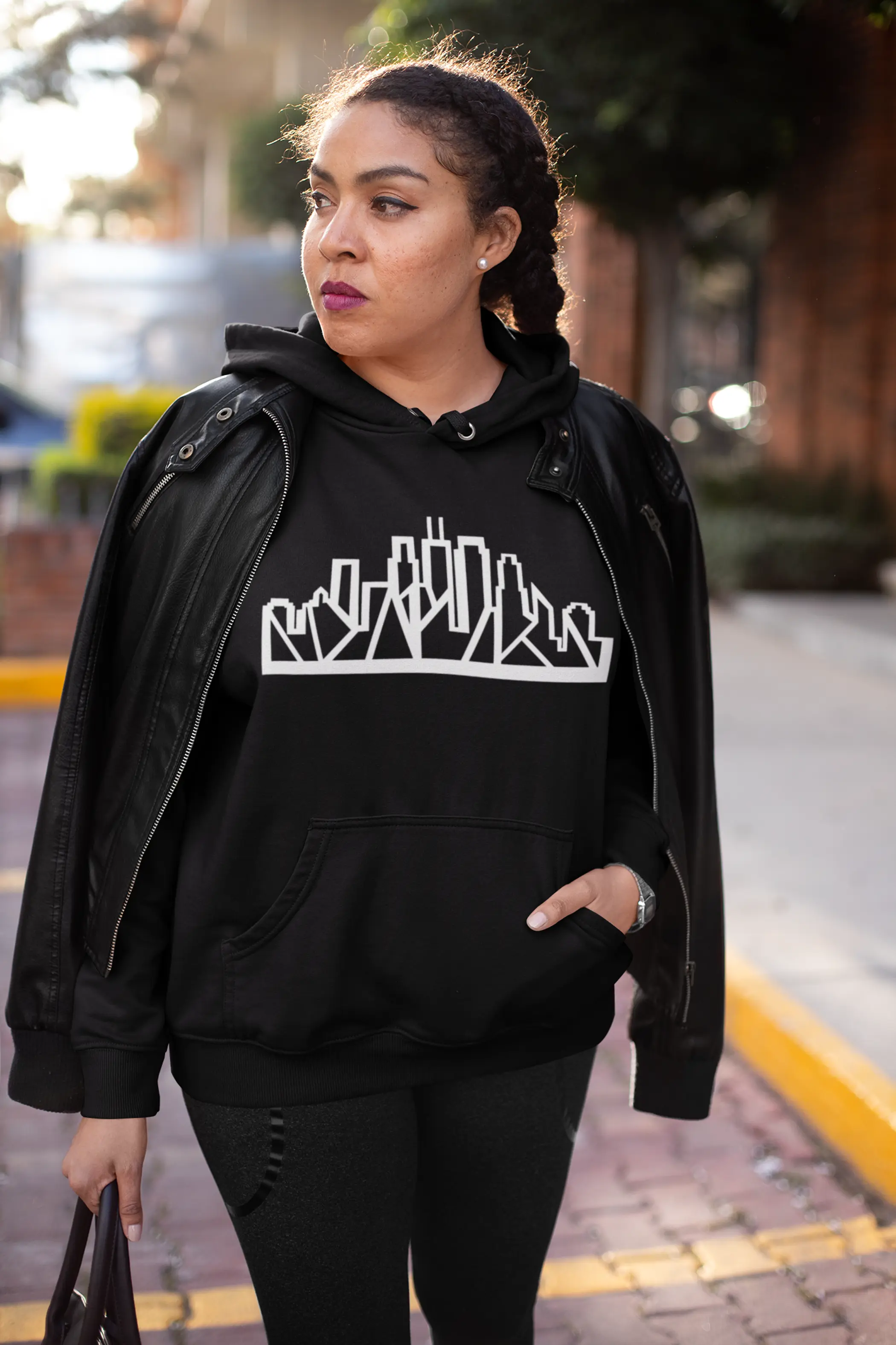 Chicago Skyline Hoodie with White Outline Black Cat Bazaar