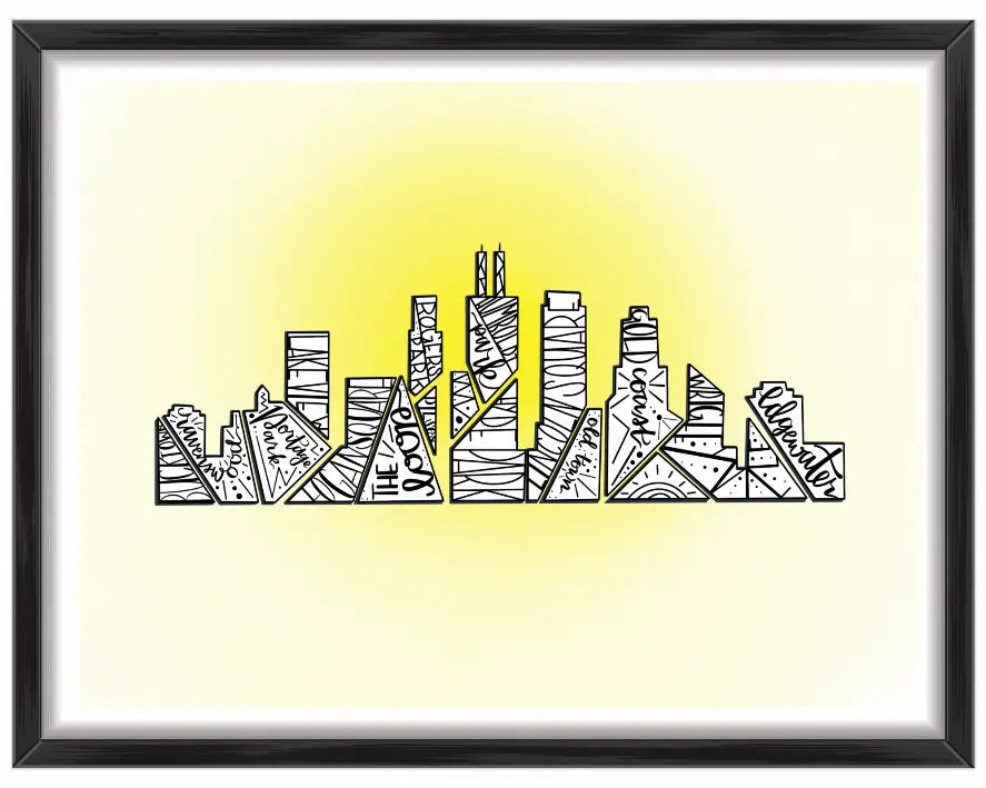 Chicago Skyline with Neighborhoods Wall Art Print Black Cat Bazaar