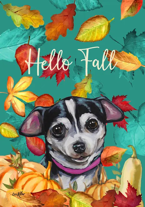 Chihuahua - Hippie Hound Studios Fall Leaves  House and Garden Flags Best of Breed