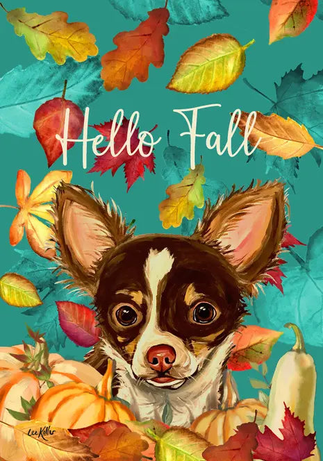 Chihuahua Longhair - Hippie Hound Studios Fall Leaves  House and Garden Flags Best of Breed