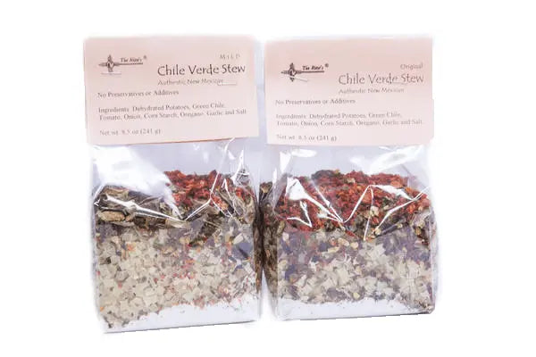 Mild Chile Verde Stew mix in colorful packets, made from dehydrated vegetables and spices, perfect for authentic flavor.