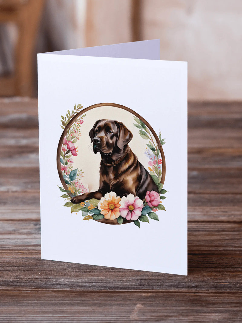 Chocolate Labrador Retriever and Flowers Greeting Cards Pack of 8 Caroline's Treasures