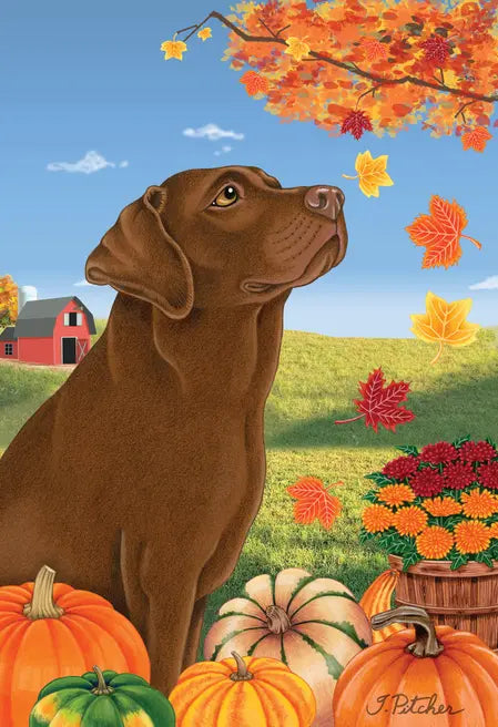 Chocolate Labrador- Tomoyo Pitcher Autumn Leaves Outdoor Flag Best of Breed