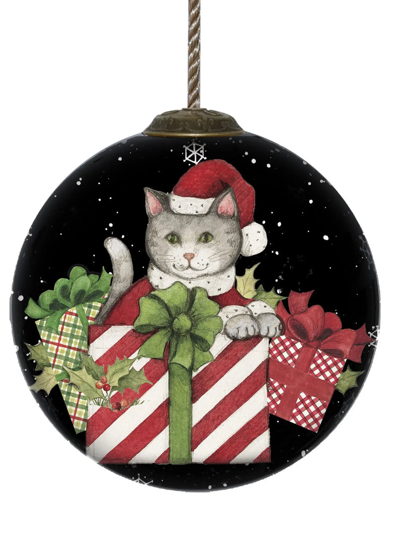 Christmas Cat with Presents Hand Painted Mouth Blown Glass Ornament Homeroots Home Decor