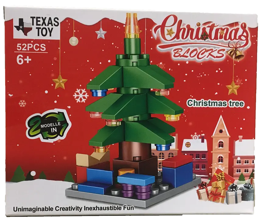 Colorful 52-piece Christmas tree building blocks set for kids, featuring a festive design and seasonal elements.