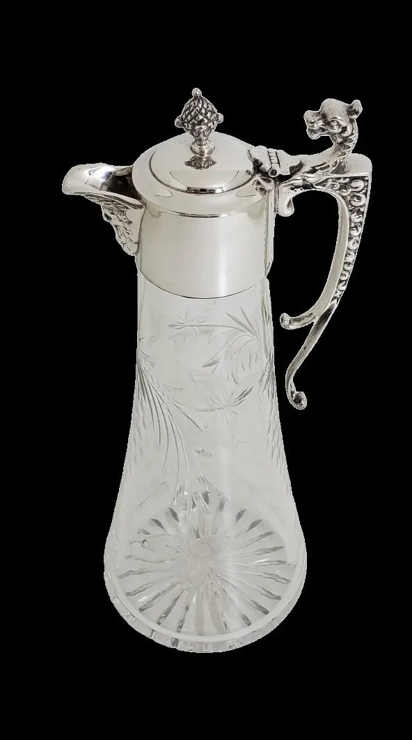 Claret jug English Plain mount etched glass griffin handle Corbell Silver
