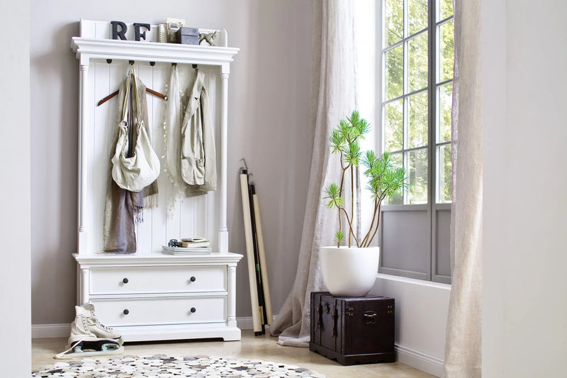 Classic White Hall Tree Coat Rack with Drawers Homeroots Organization