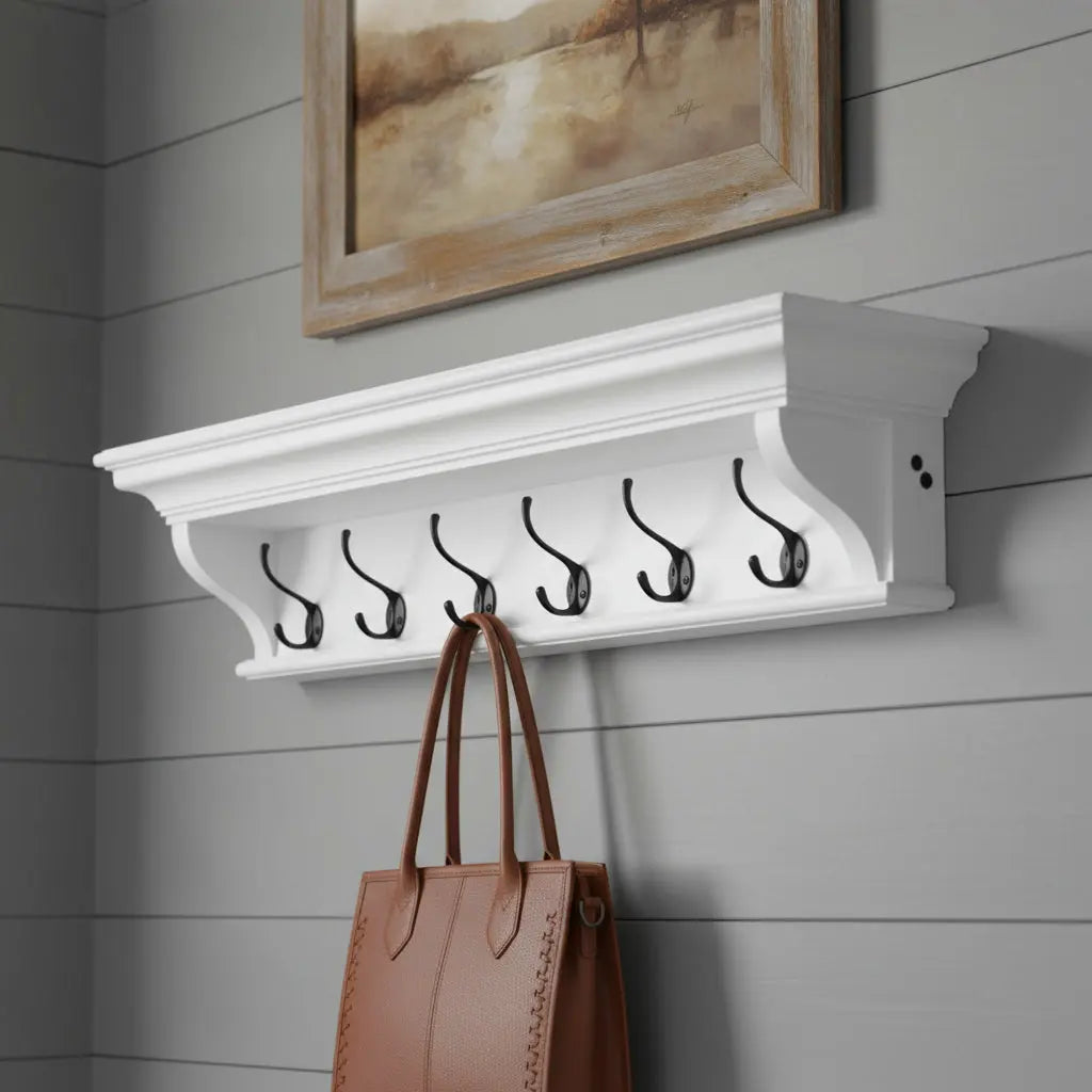 Classic White Wood Wide Six Hook Coat Rack Homeroots Organization