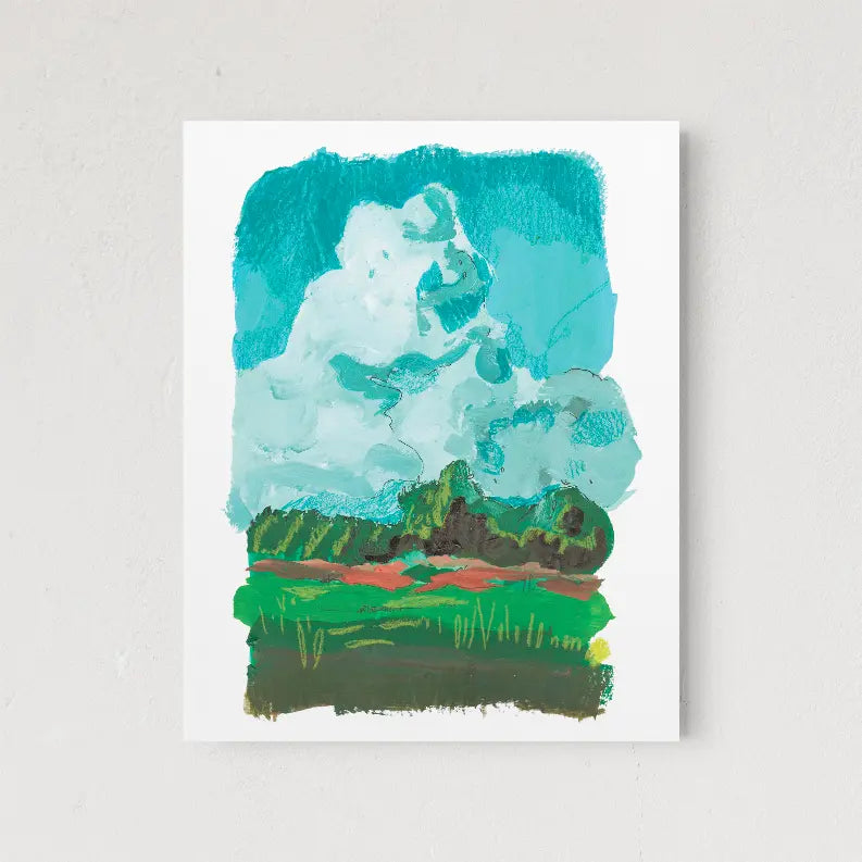Vibrant landscape art print featuring green fields and blue skies, created with textured brush strokes on paper.
