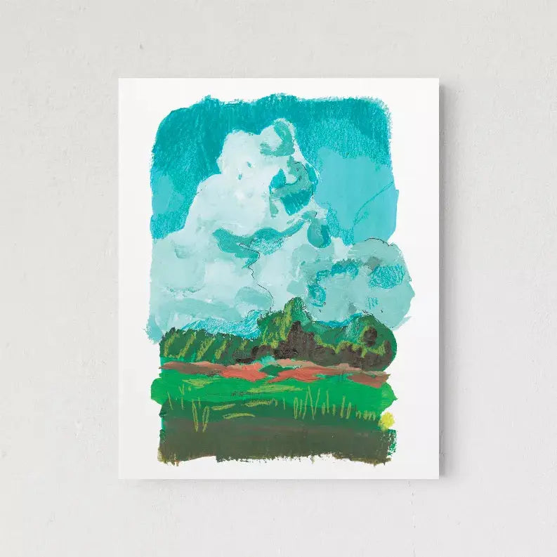 Vibrant abstract landscape painting with turquoise skies and green fields, showcasing bold brush strokes.