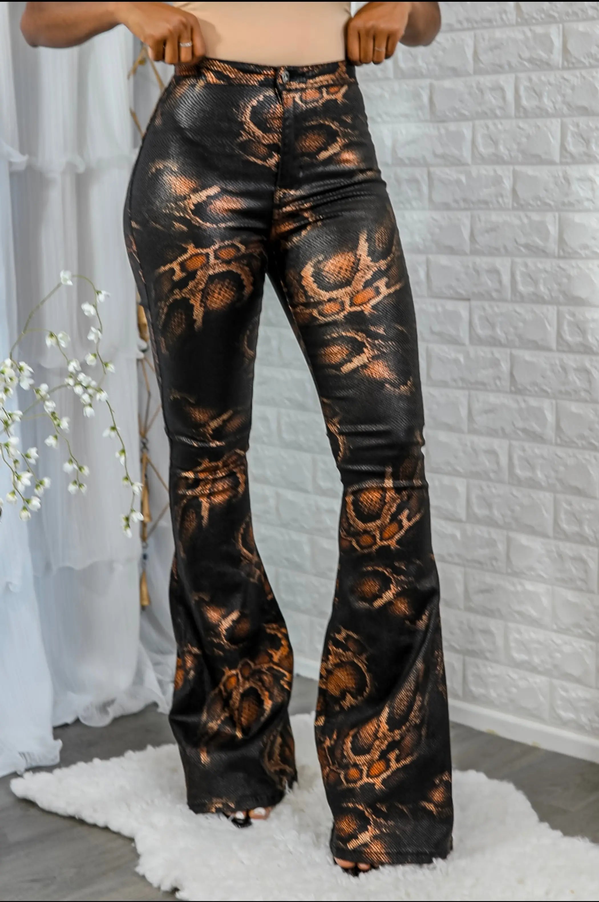 Coated Snake Print Flare Bell Bottom Jeans SurelyMine