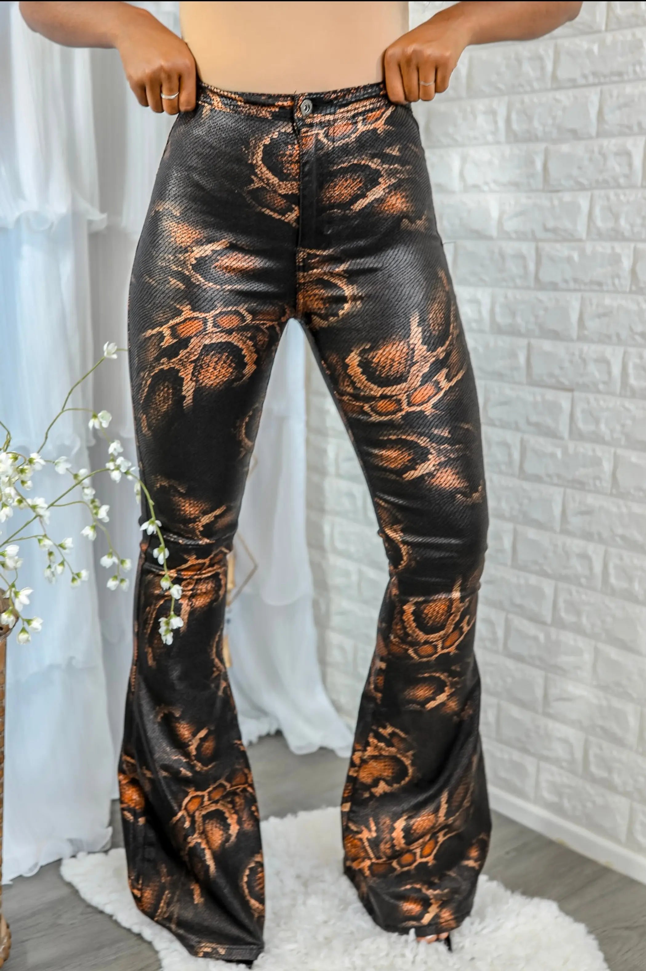 Coated Snake Print Flare Bell Bottom Jeans SurelyMine