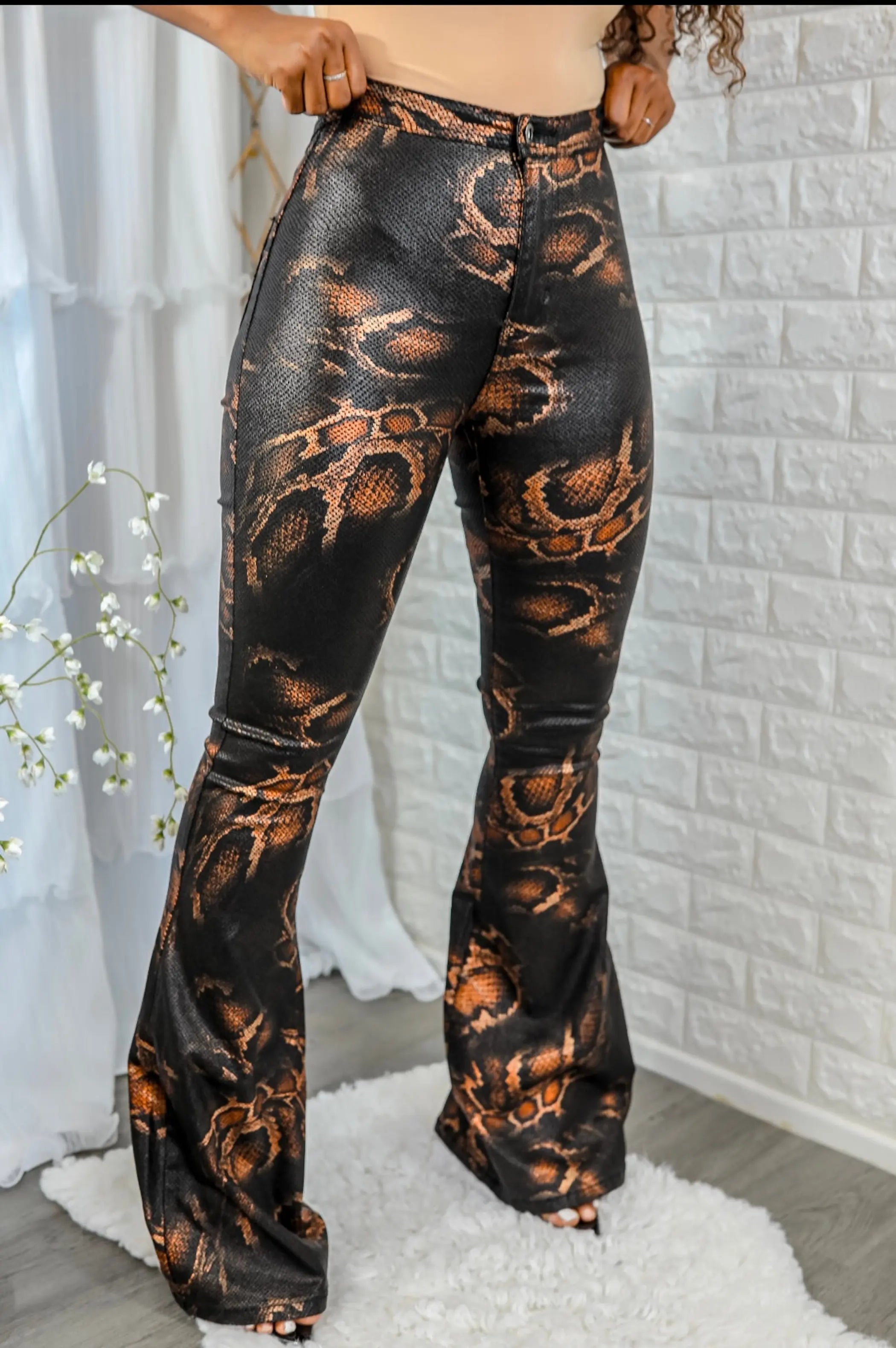 Coated Snake Print Flare Bell Bottom Jeans SurelyMine