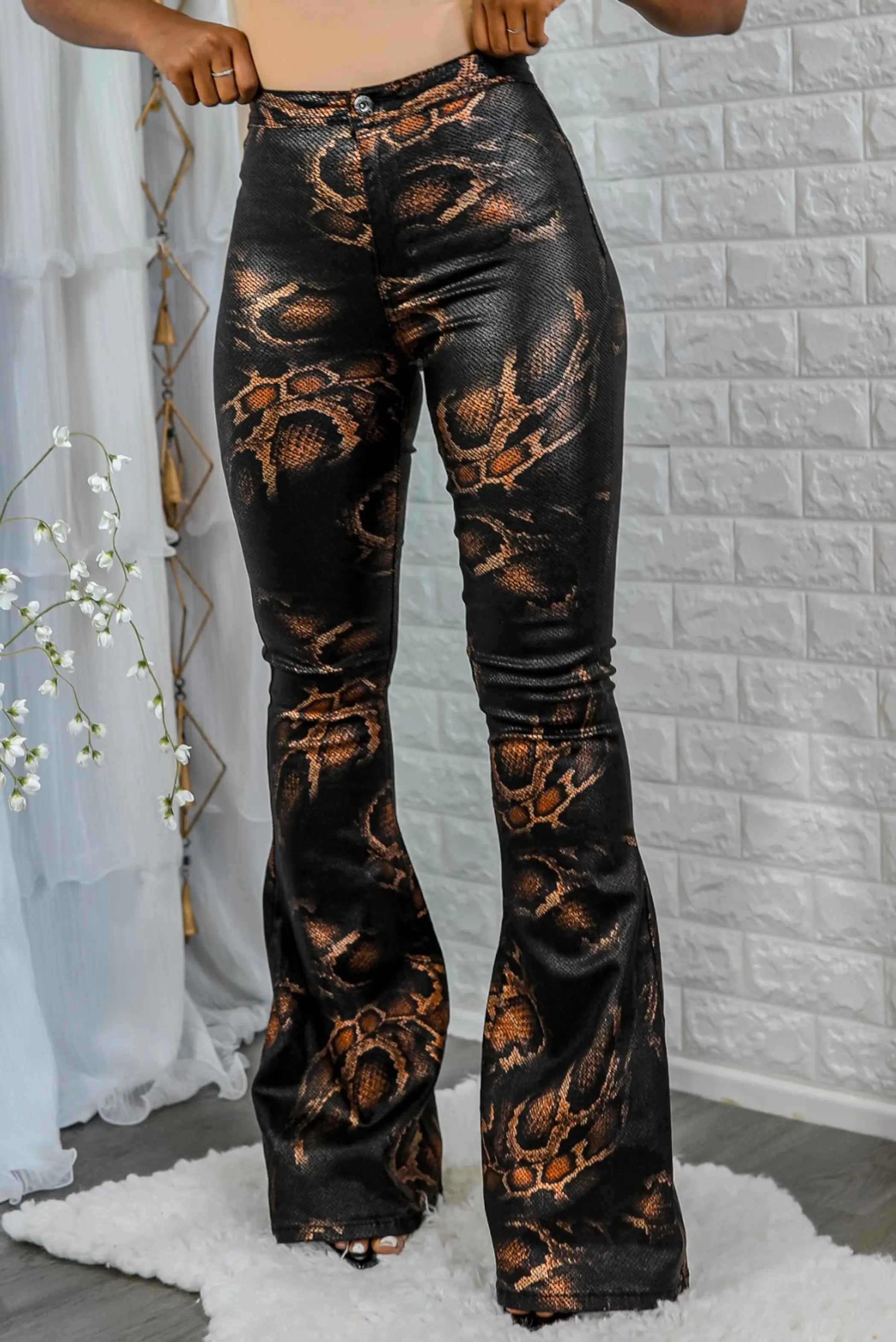 Coated Snake Print Flare Bell Bottom Jeans SurelyMine