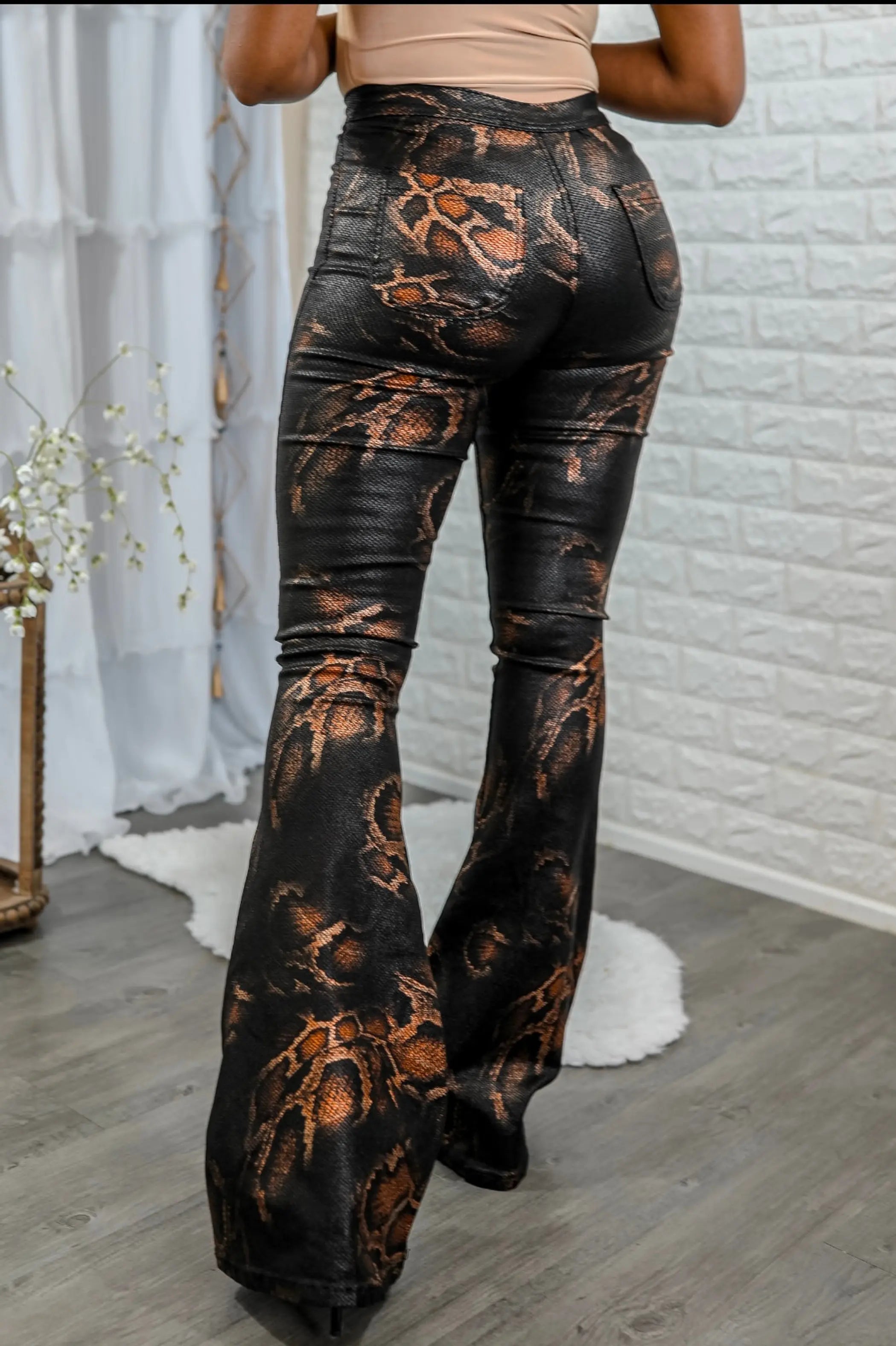 Coated Snake Print Flare Bell Bottom Jeans SurelyMine