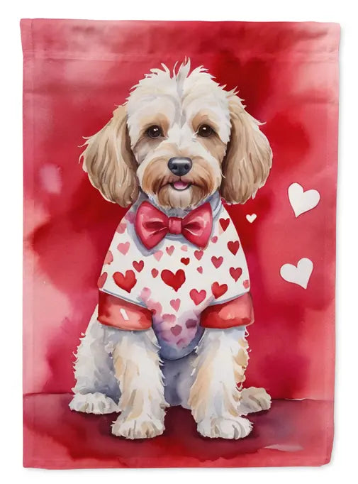 Cute dog art print featuring a fluffy white dog in a heart-patterned shirt on a vibrant red background.
