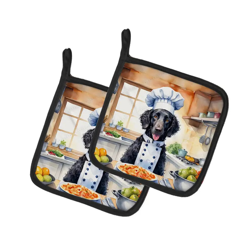 Dog-themed pot holders featuring a chef dog design, vibrant colors, sturdy fabric, perfect for kitchen decor.