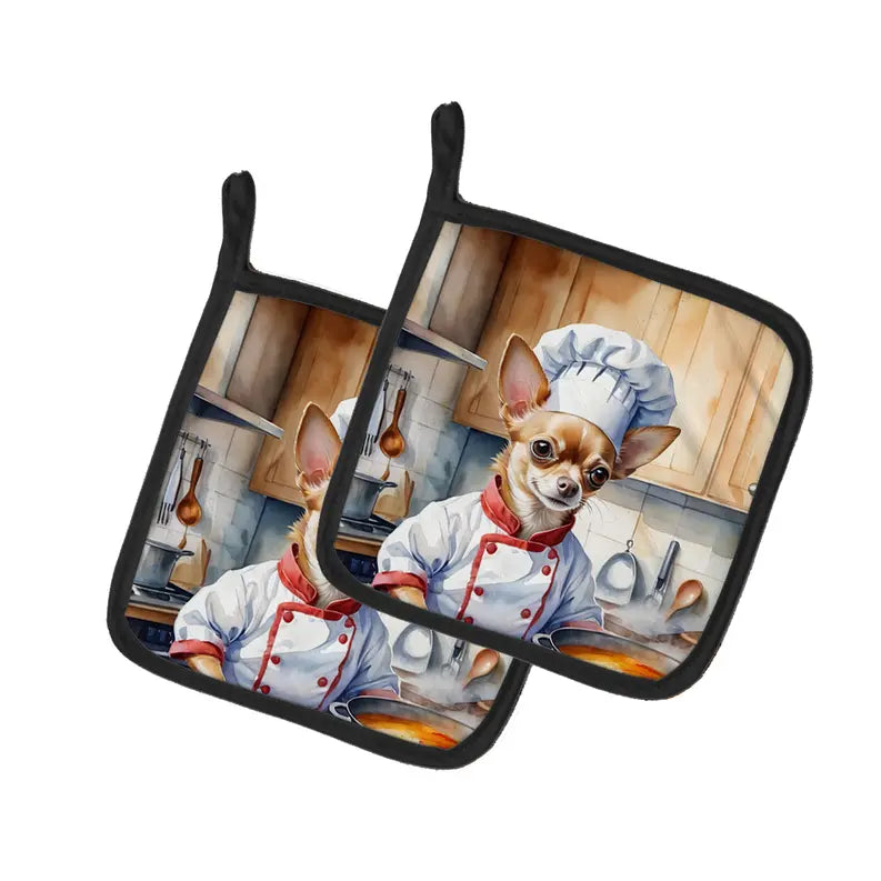 Whimsical chef dog pot holders, black trim, featuring a Chihuahua in a white chef uniform and hat, colorful kitchen backdrop.