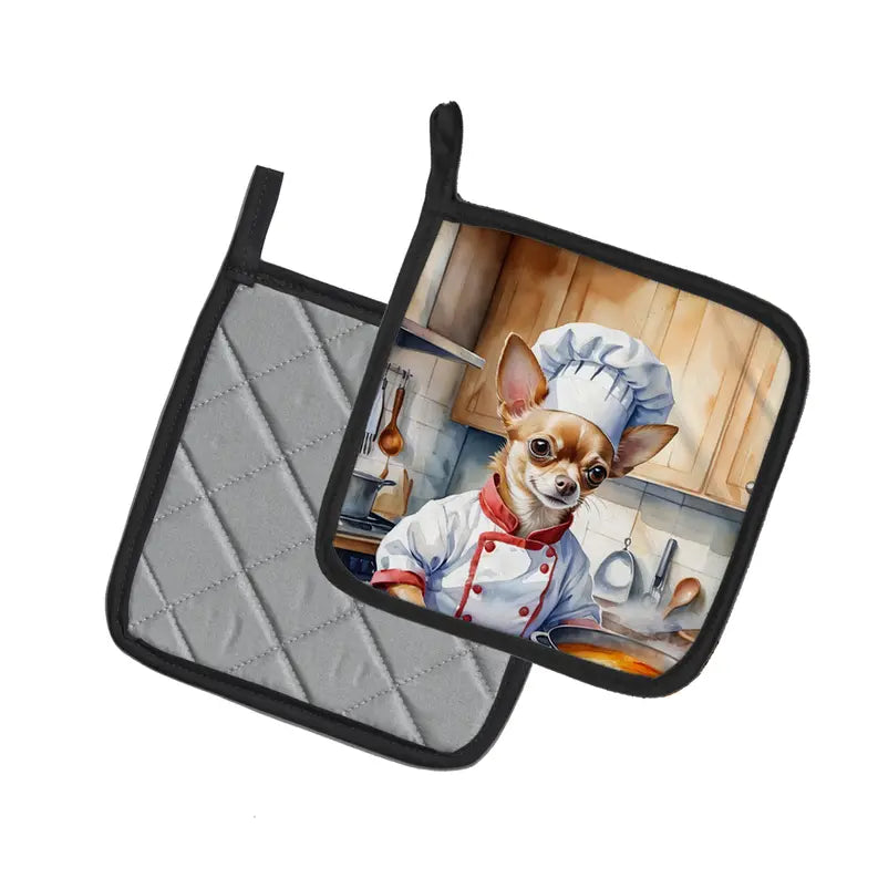 Chihuahua chef potholder, gray quilted with colorful dog illustration, perfect for kitchen decor and cooking enthusiasts.