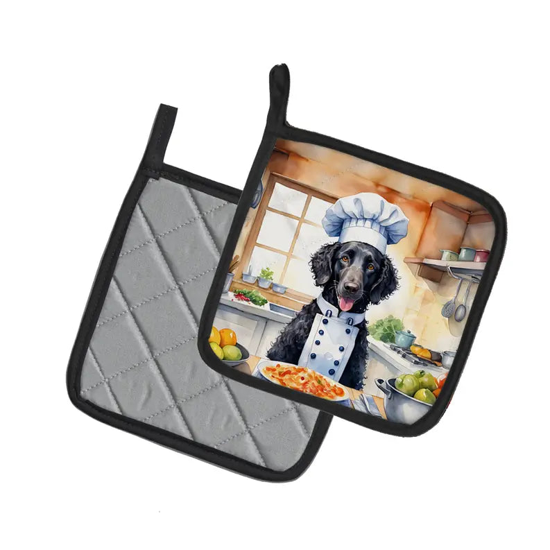 "Black dog chef pot holder, cotton with quilted backing, colorful kitchen scene design, perfect for pet lovers."
