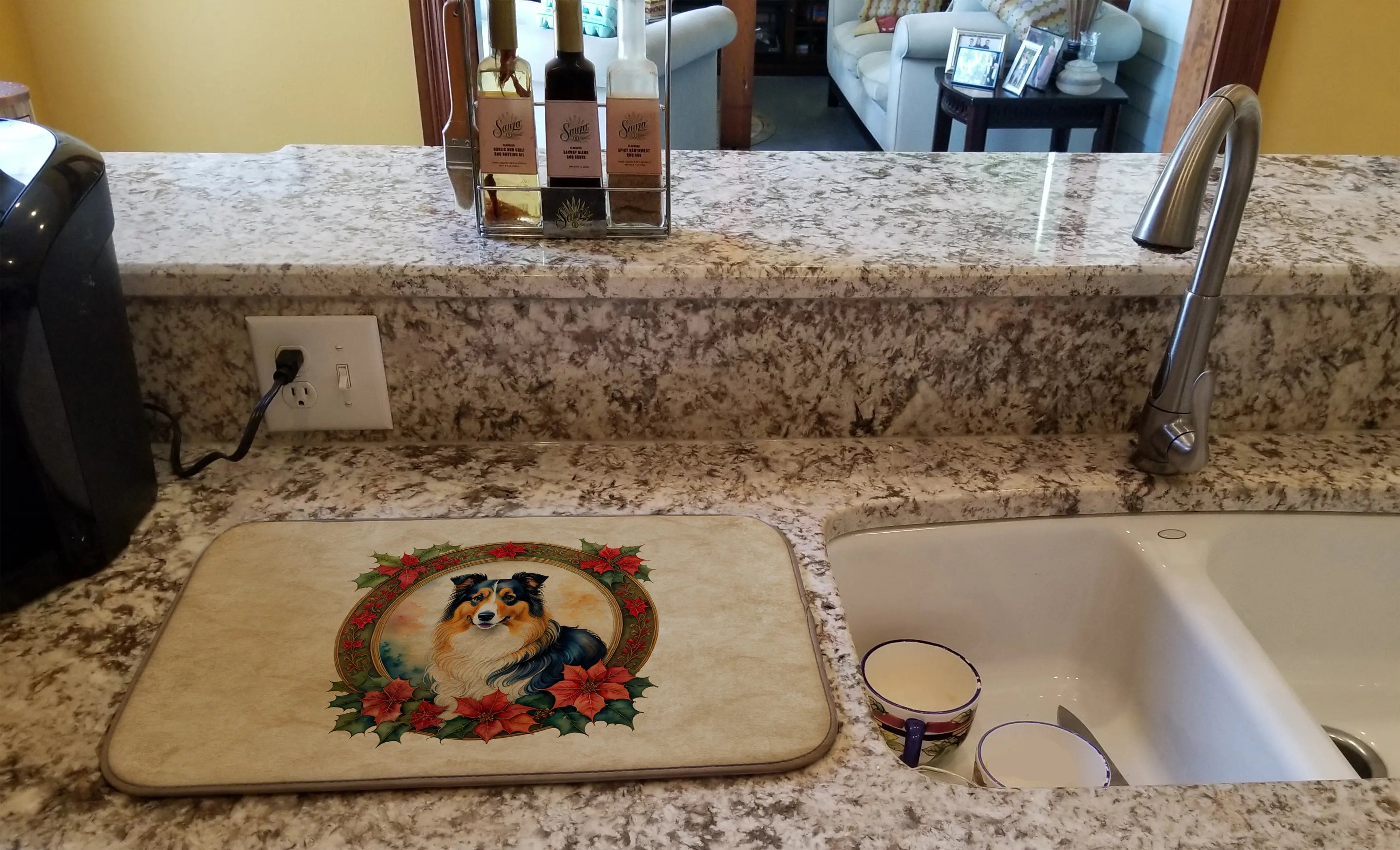 Collie Christmas Flowers Dish Drying Mat Caroline's Treasures