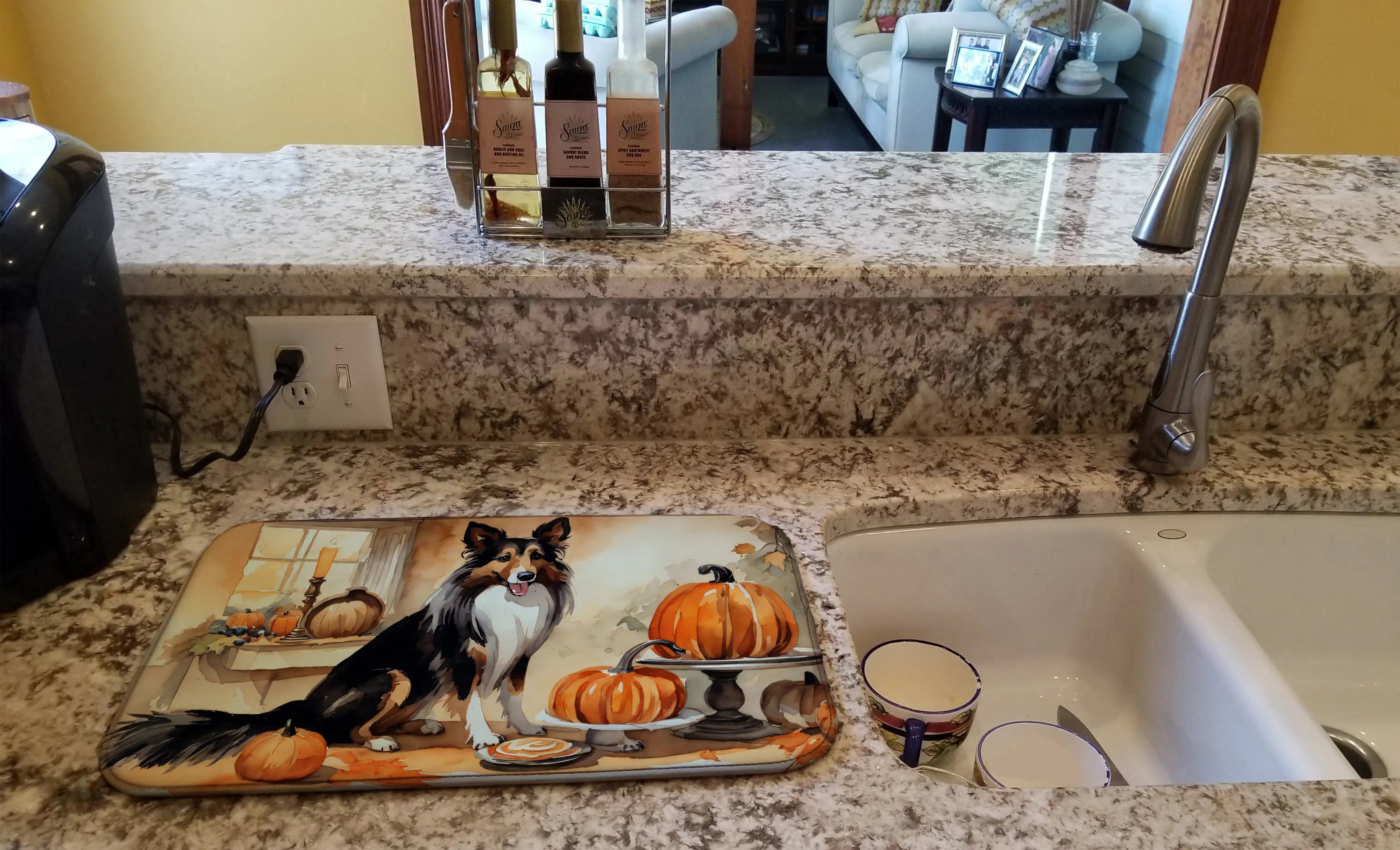Collie Fall Kitchen Pumpkins Dish Drying Mat Caroline's Treasures