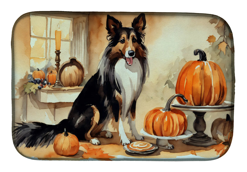 Collie Fall Kitchen Pumpkins Dish Drying Mat Caroline's Treasures