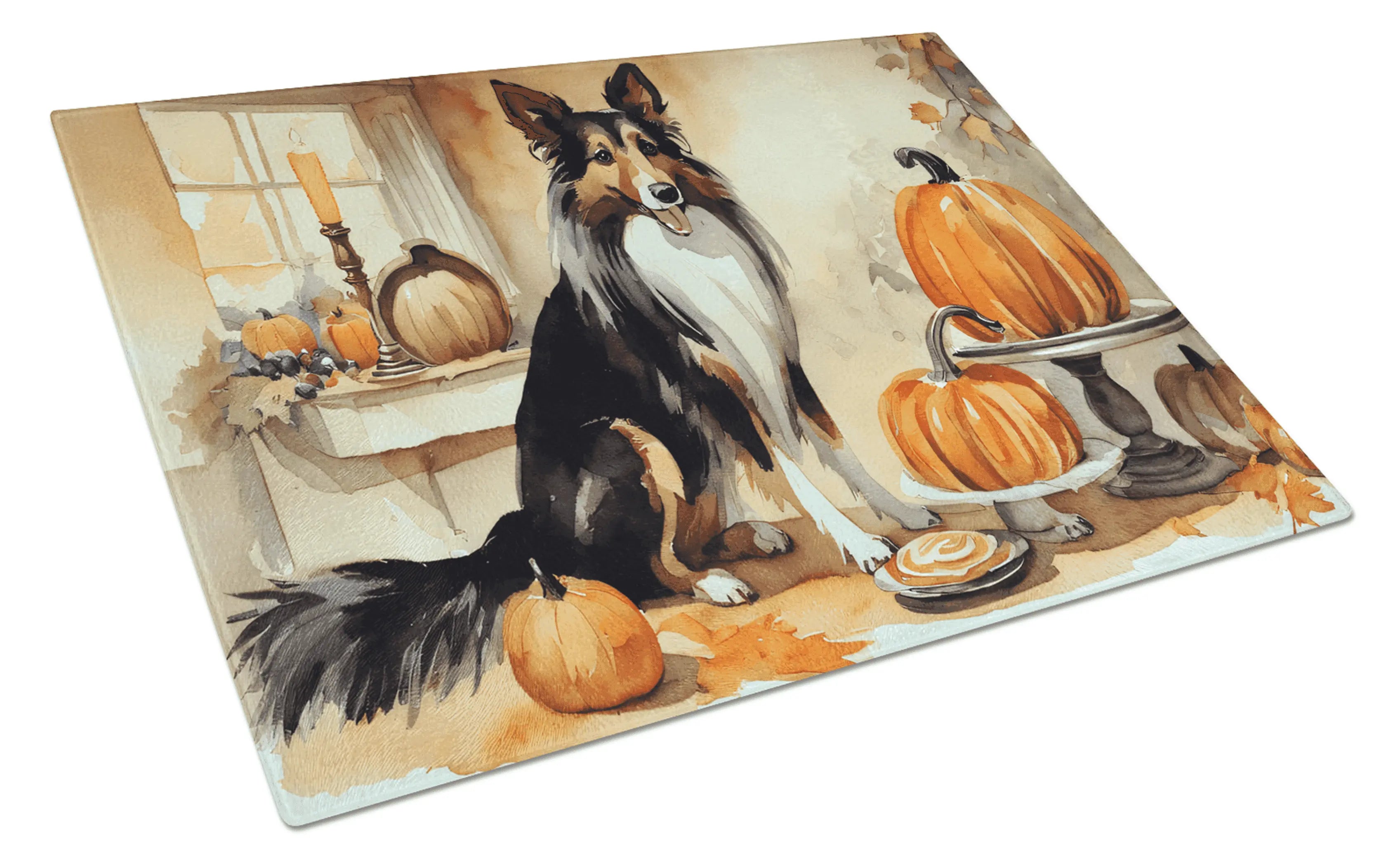 Collie Fall Kitchen Pumpkins Glass Cutting Board Caroline's Treasures