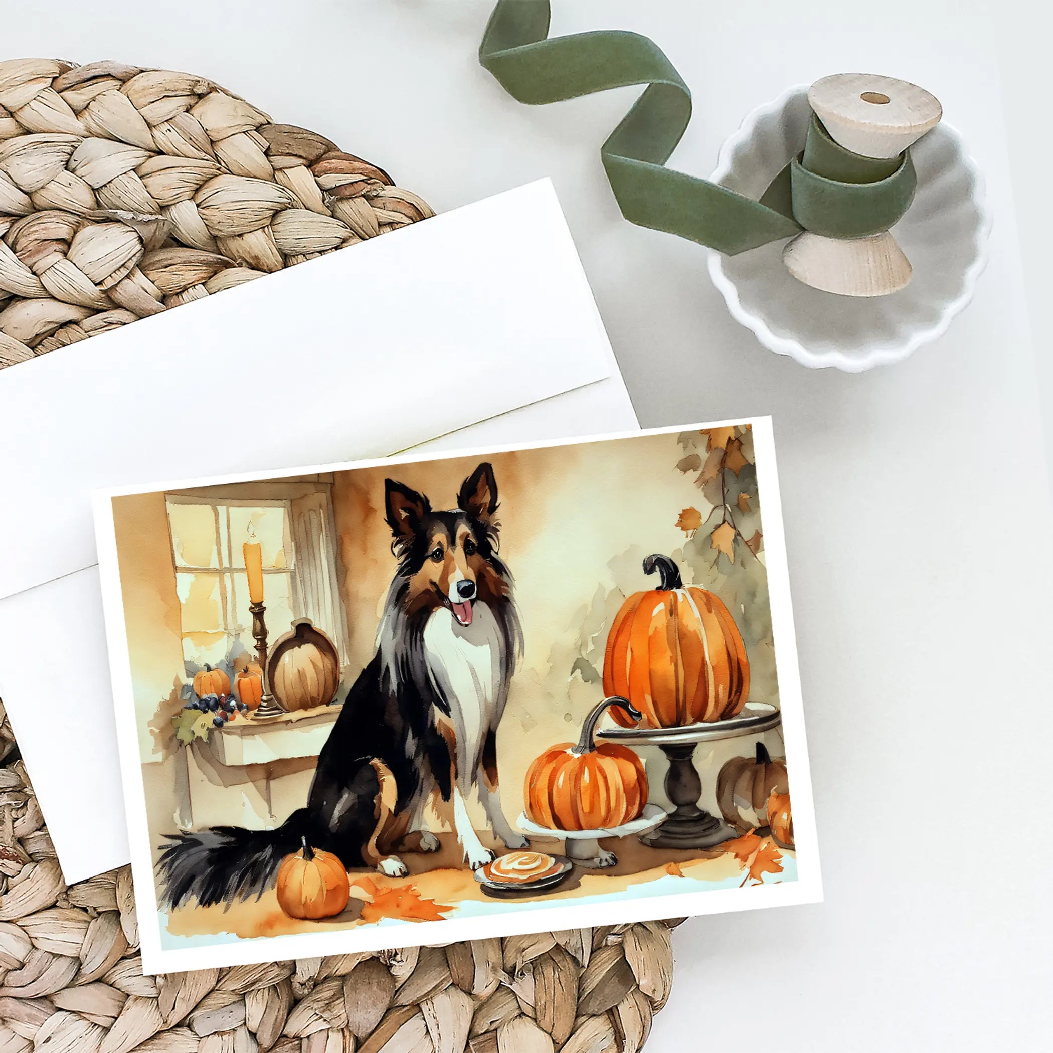 Collie Fall Kitchen Pumpkins Greeting Cards Pack of 8 Caroline's Treasures