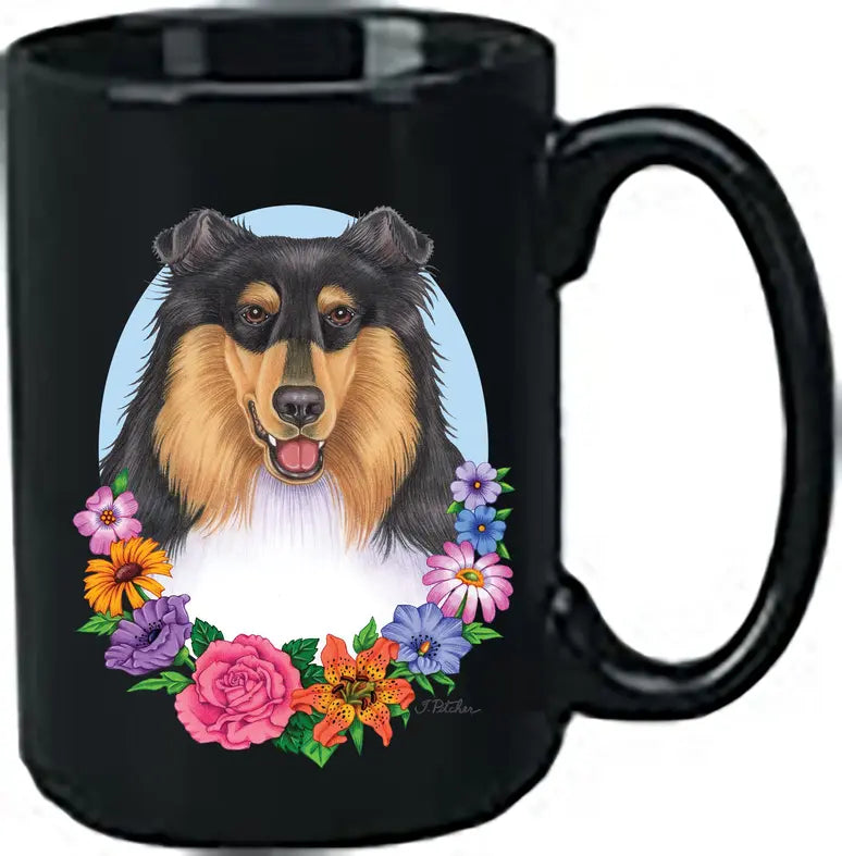 Black ceramic mug featuring a colorful Collie dog illustration surrounded by vibrant flowers. Perfect for pet lovers.