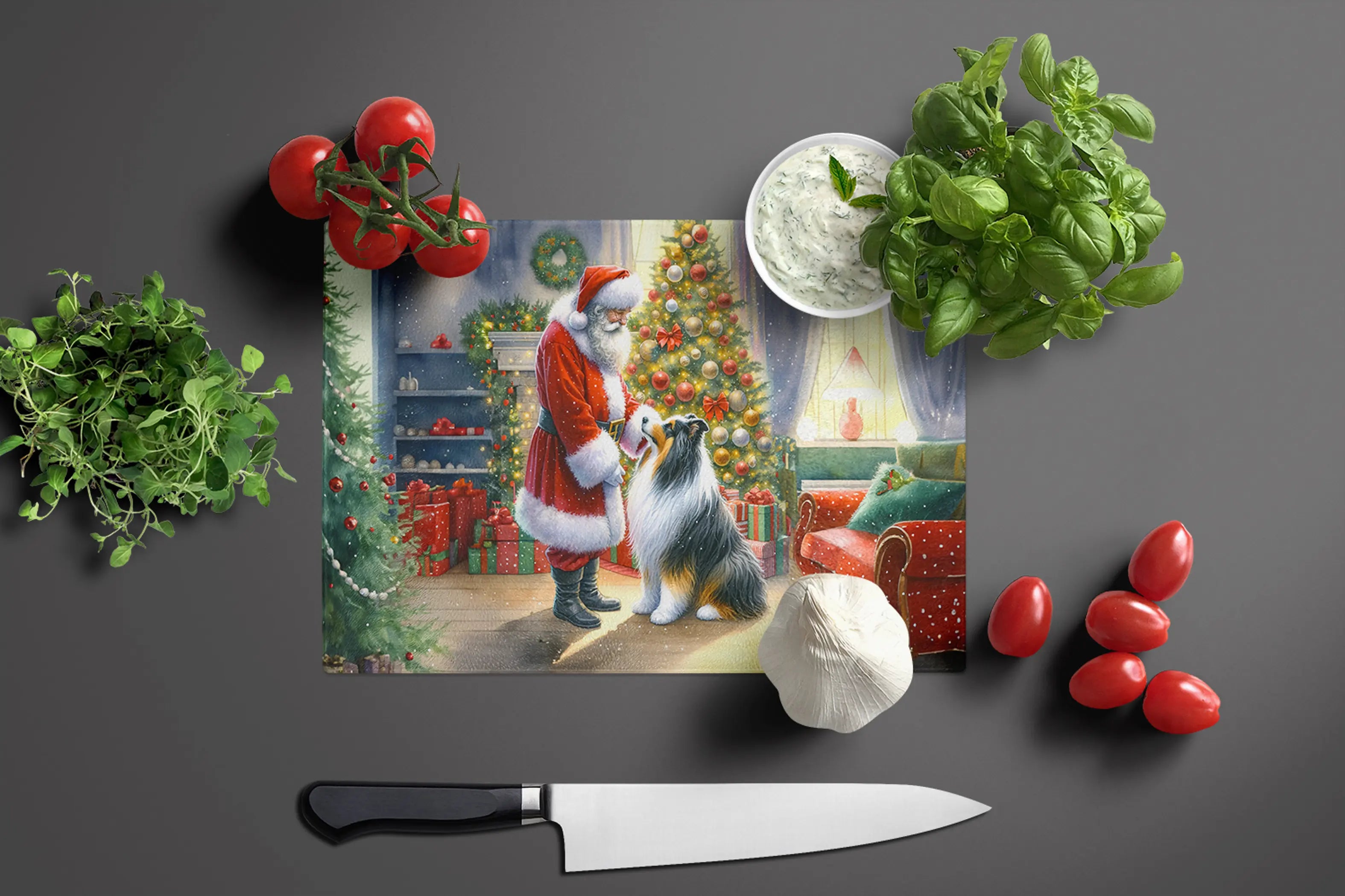 Collie and Santa Claus Glass Cutting Board Caroline's Treasures