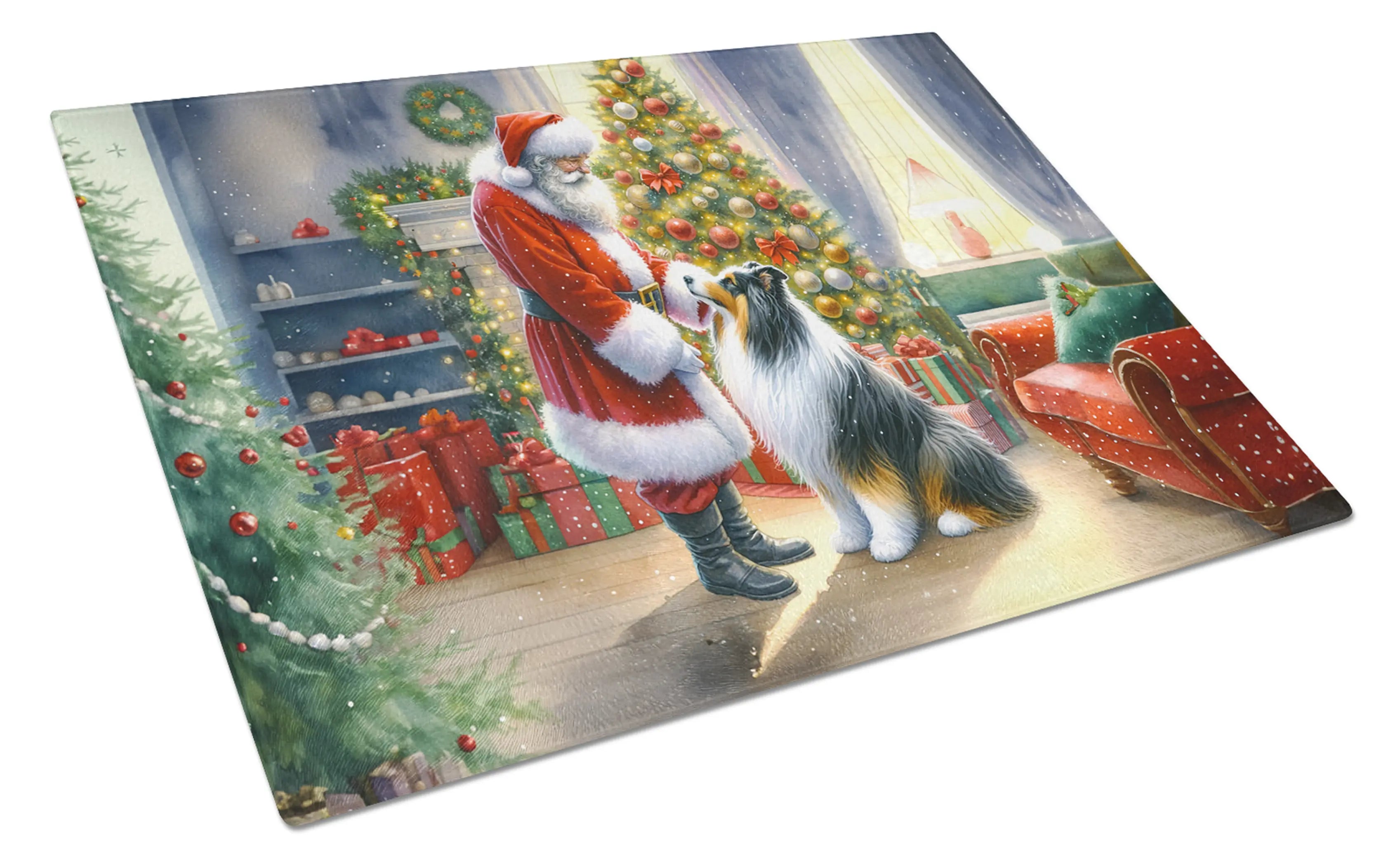 Collie and Santa Claus Glass Cutting Board Caroline's Treasures
