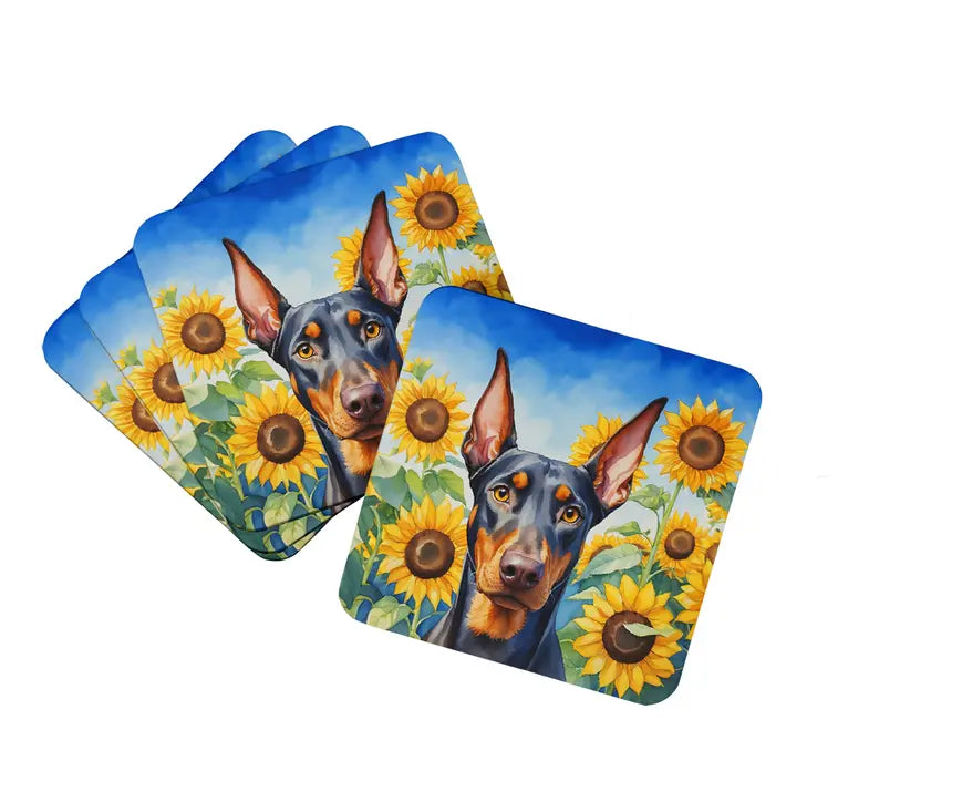Colorful Doberman dog coasters with sunflowers, vibrant blue background, durable material, perfect for pet lovers.