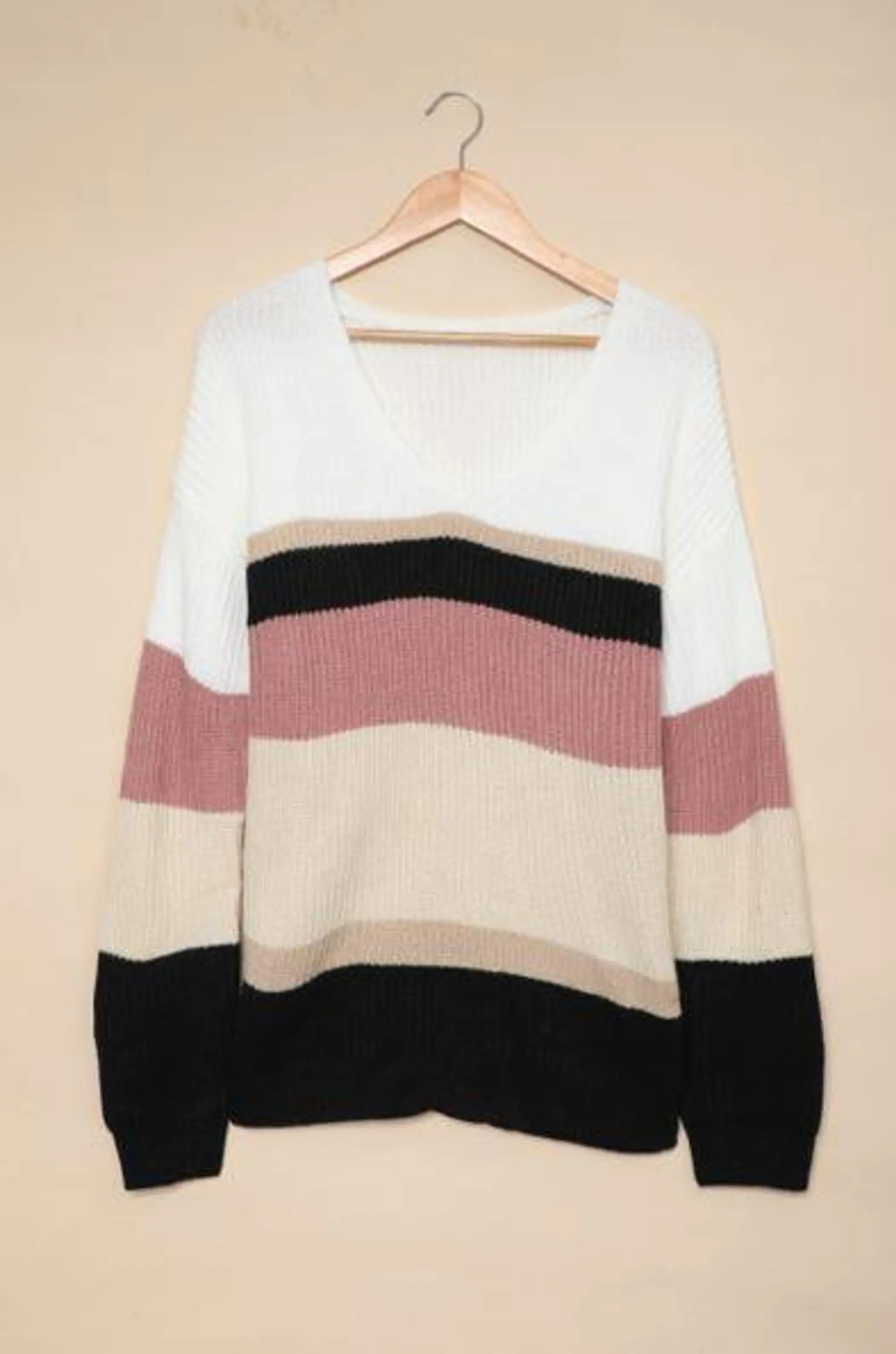 Colorblock V Neck Ribbed Knitted Sweater Stay Warm in Style