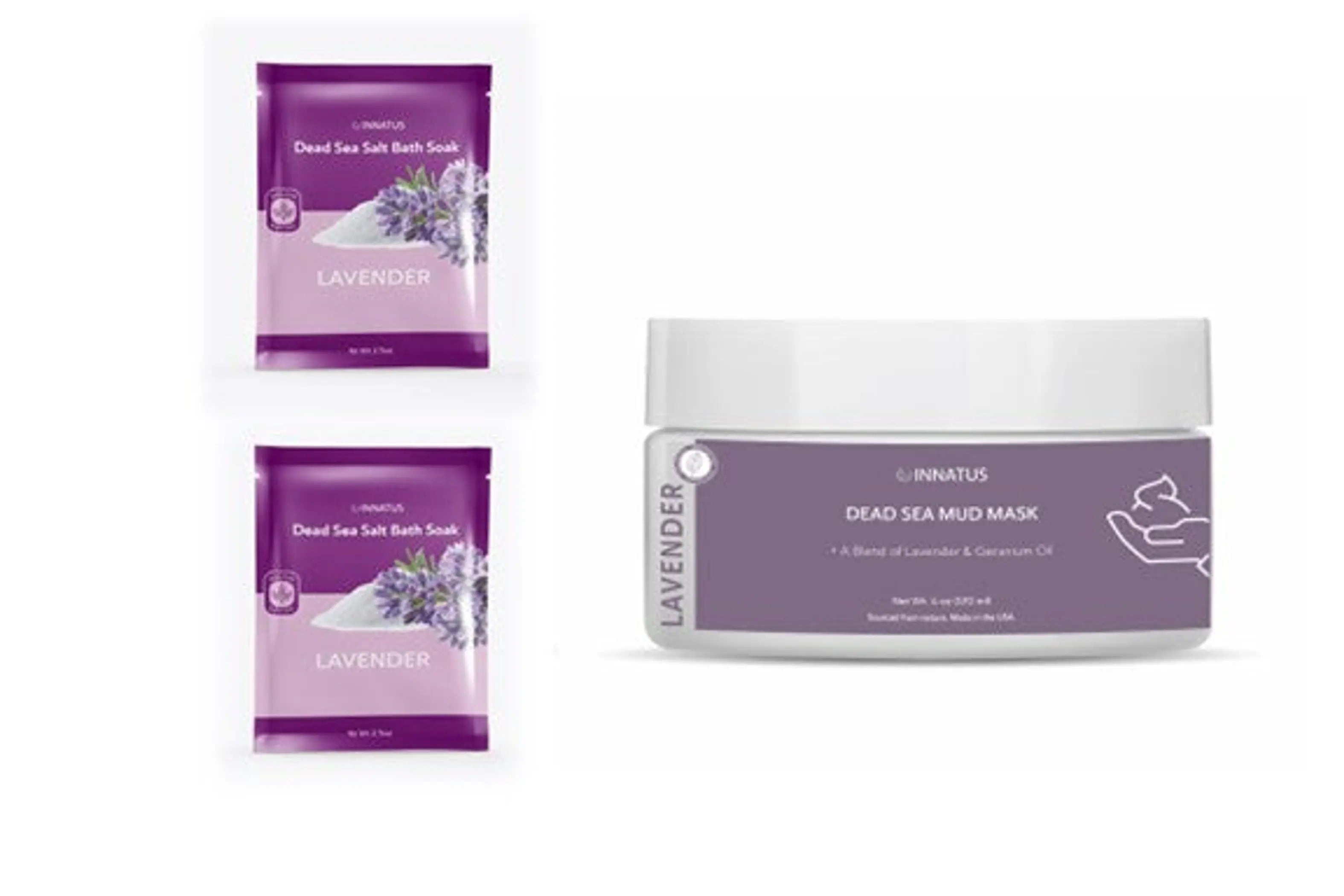 Combination Value Pack 2/2.5 oz packets of Lavender Dead Sea Bath Salt and one Lavender mud mask 4 oz Inattus