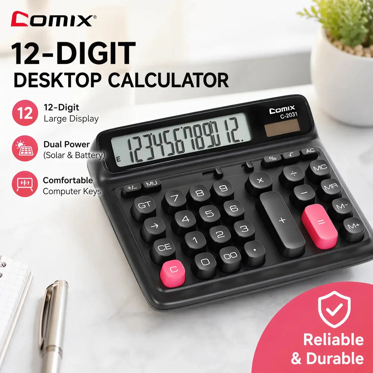 Comix Desktop Calculator, Computer Keys 12 Digit Large Display, Dual Power Black Electronic Calculator for Office Home GreatEagleInc