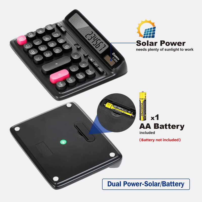 Comix Desktop Calculator, Computer Keys 12 Digit Large Display, Dual Power Black Electronic Calculator for Office Home GreatEagleInc