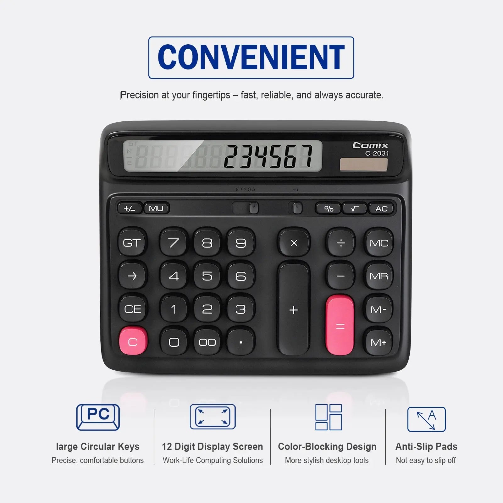 Comix Desktop Calculator, Computer Keys 12 Digit Large Display, Dual Power Black Electronic Calculator for Office Home GreatEagleInc