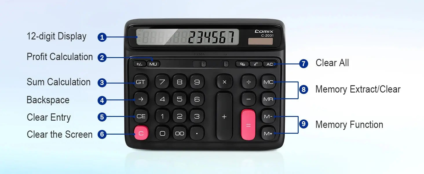 Comix Desktop Calculator, Computer Keys 12 Digit Large Display, Dual Power Black Electronic Calculator for Office Home GreatEagleInc