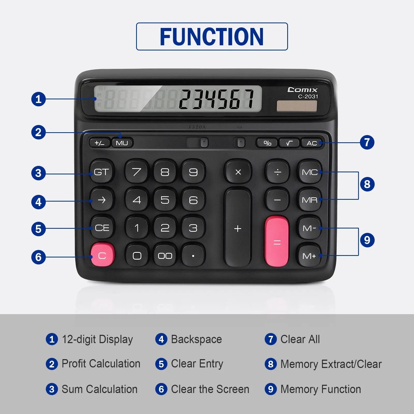 Comix Desktop Calculator, Computer Keys 12 Digit Large Display, Dual Power Black Electronic Calculator for Office Home GreatEagleInc