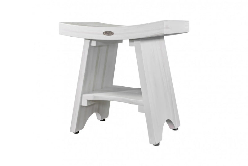Compact Curvilinear Teak Shower Outdoor Bench With Shelf In Driftwood Finish Homeroots Bed & Bath