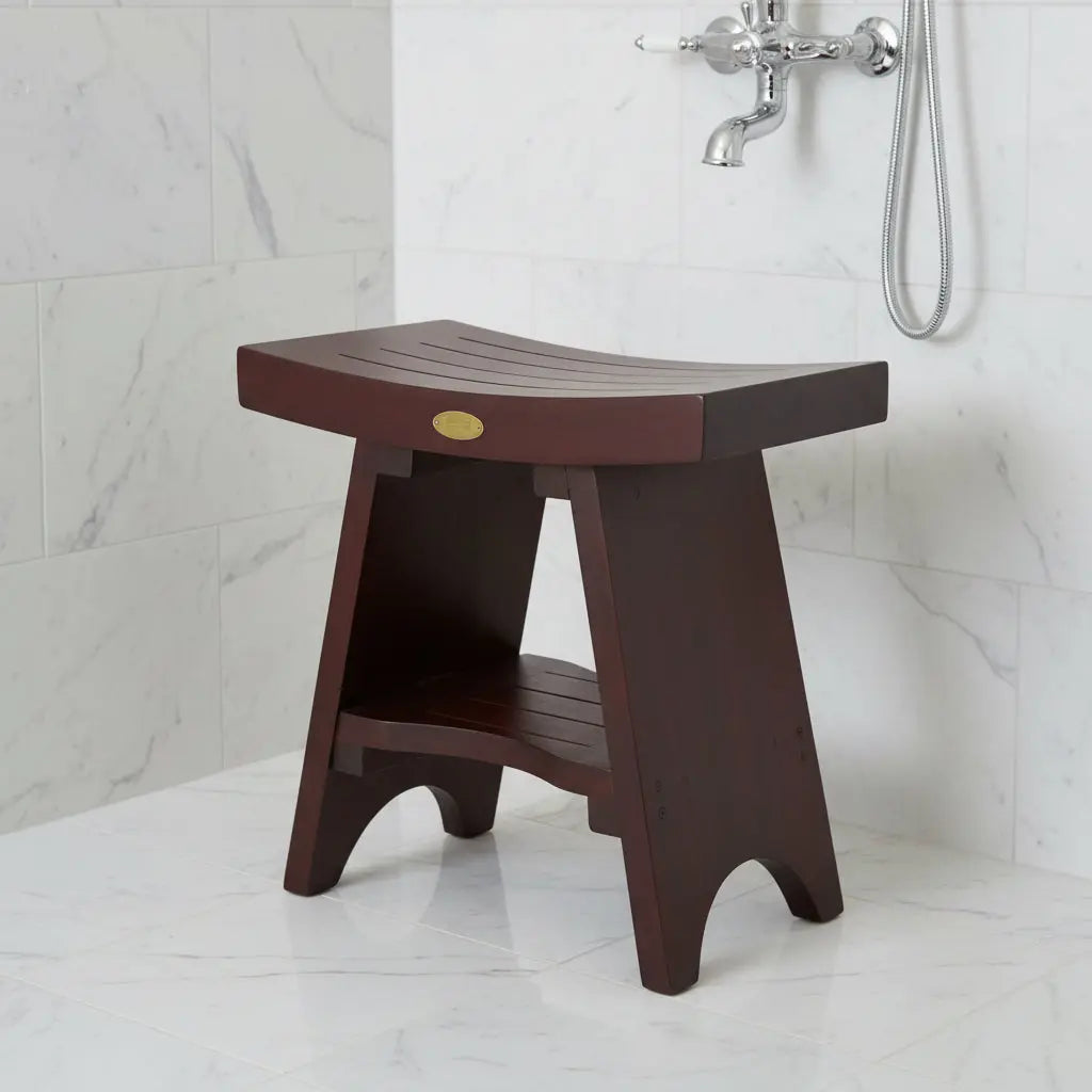 Compact Curviliniear Teak Shower Outdoor Bench With Shelf In Brown Finish Homeroots Bed & Bath