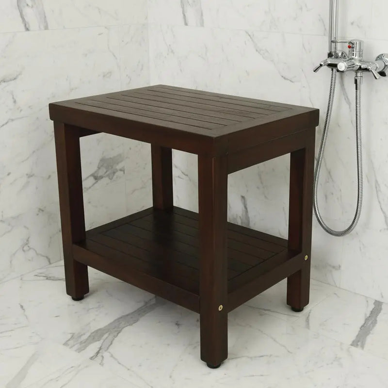 Compact Rectangular Teak Shower Or Outdoor Bench With Shelf In Brown Finish Homeroots Bed & Bath