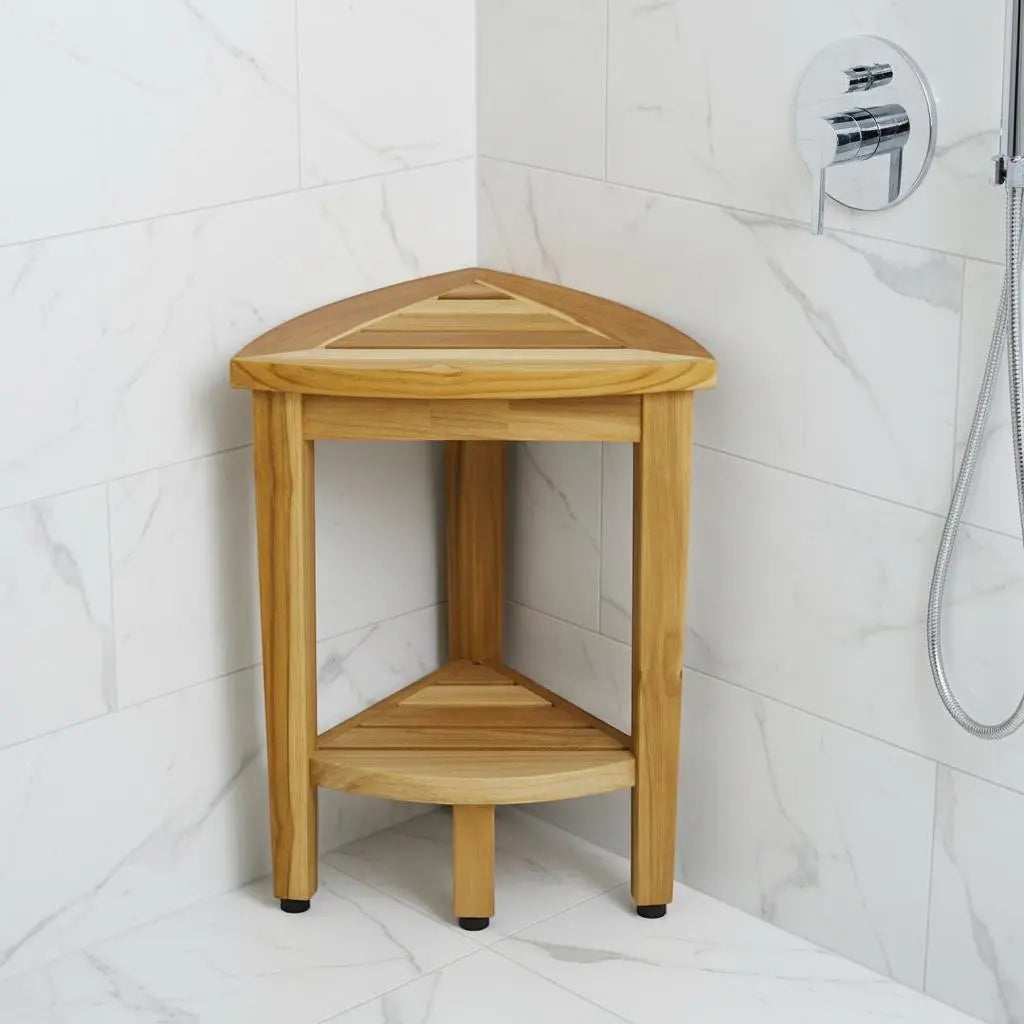 Compact Teak Corner Shower Or Outdoor Bench With Shelf In Natural Finish Homeroots Bed & Bath