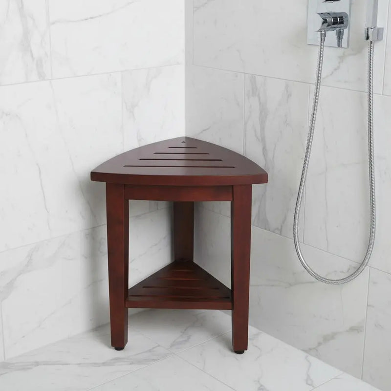 Compact Teak Corner Shower  Outdoor Bench With Shelf In Brown Finish Homeroots Bed & Bath