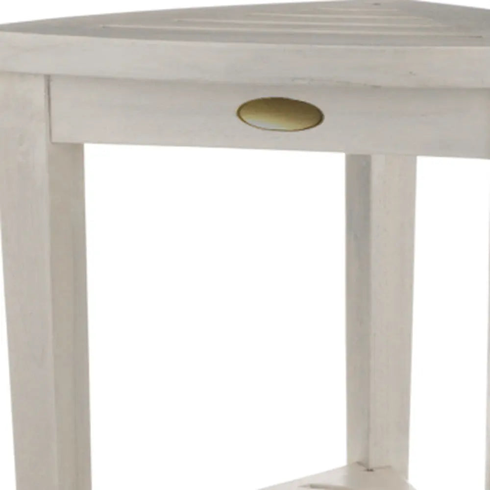 Compact Teak Corner Shower Stool With Shelf In Whitewash Finish Homeroots Bed & Bath