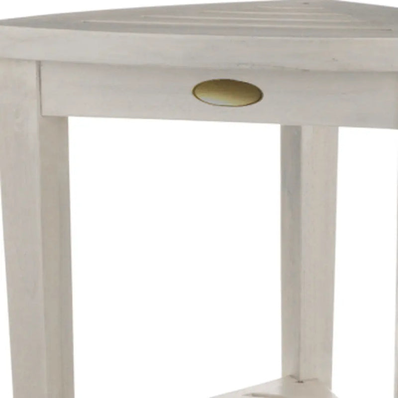 Compact Teak Corner Shower Stool With Shelf In Whitewash Finish Homeroots Bed & Bath